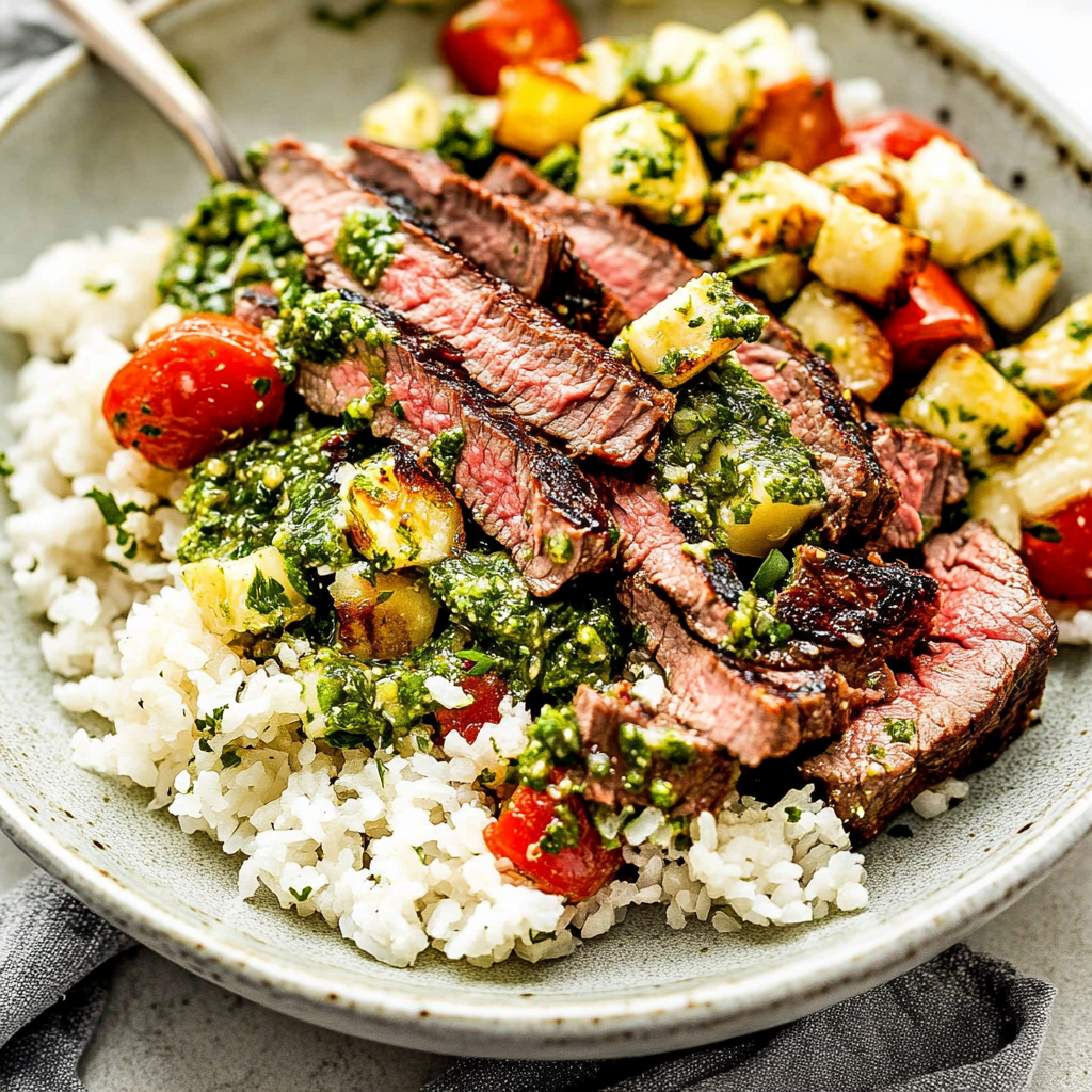 Recipe preparation for Skirt Steak Rice Bowls with Chimichurri Sauce