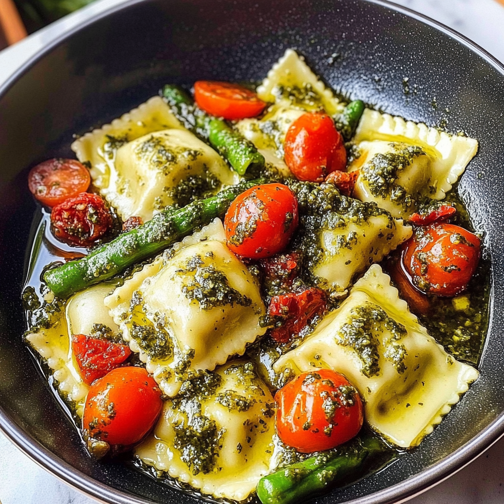 Recipe preparation for Chicken Ravioli with Pesto and Veggies