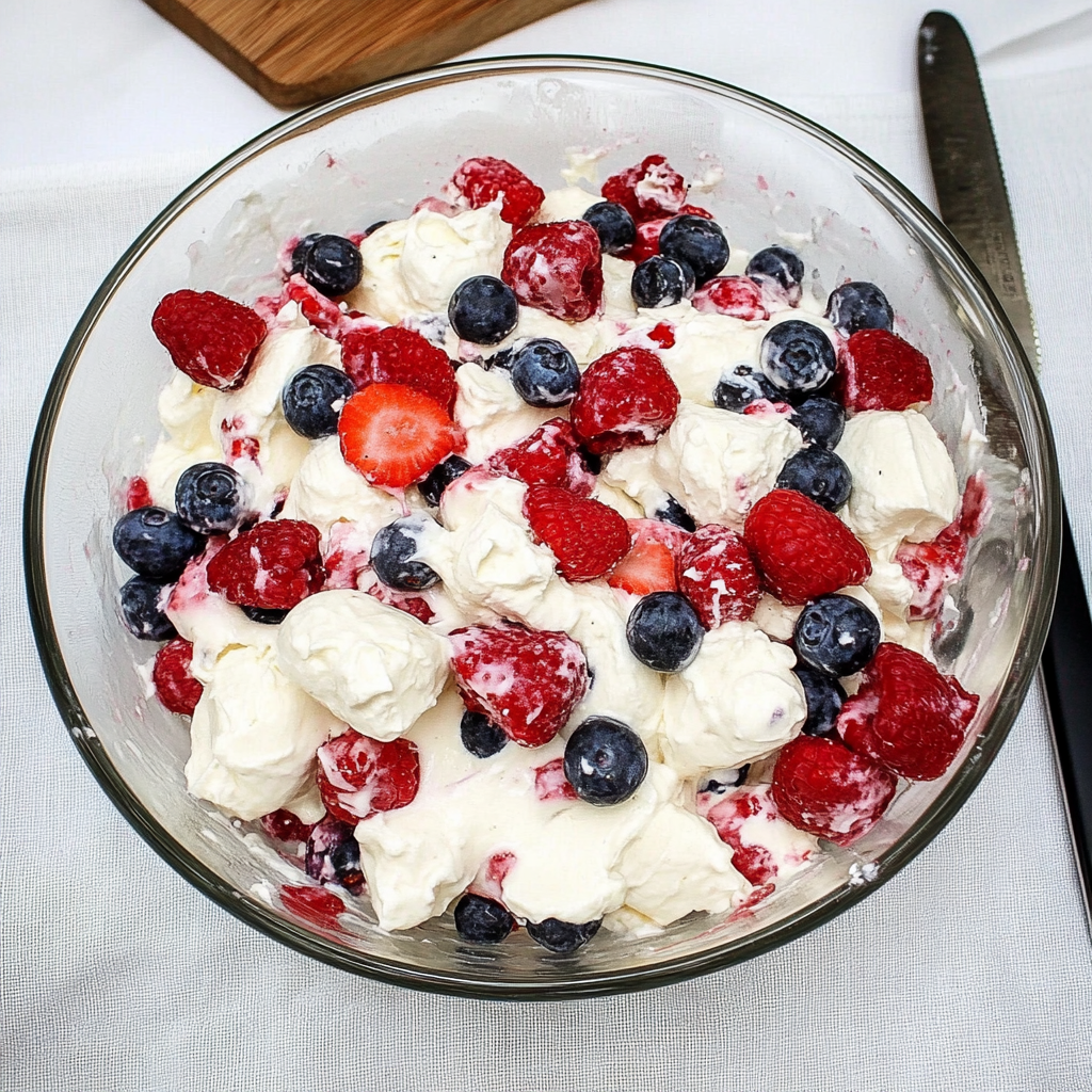 Recipe preparation for Red White & Blue Cheesecake Salad
