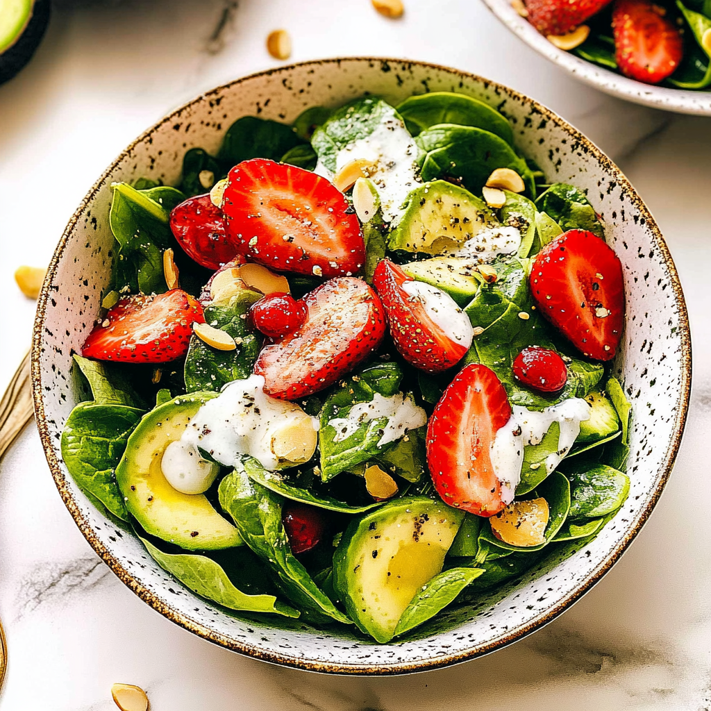 Recipe preparation for Summer Strawberry Spinach Salad with Avocado