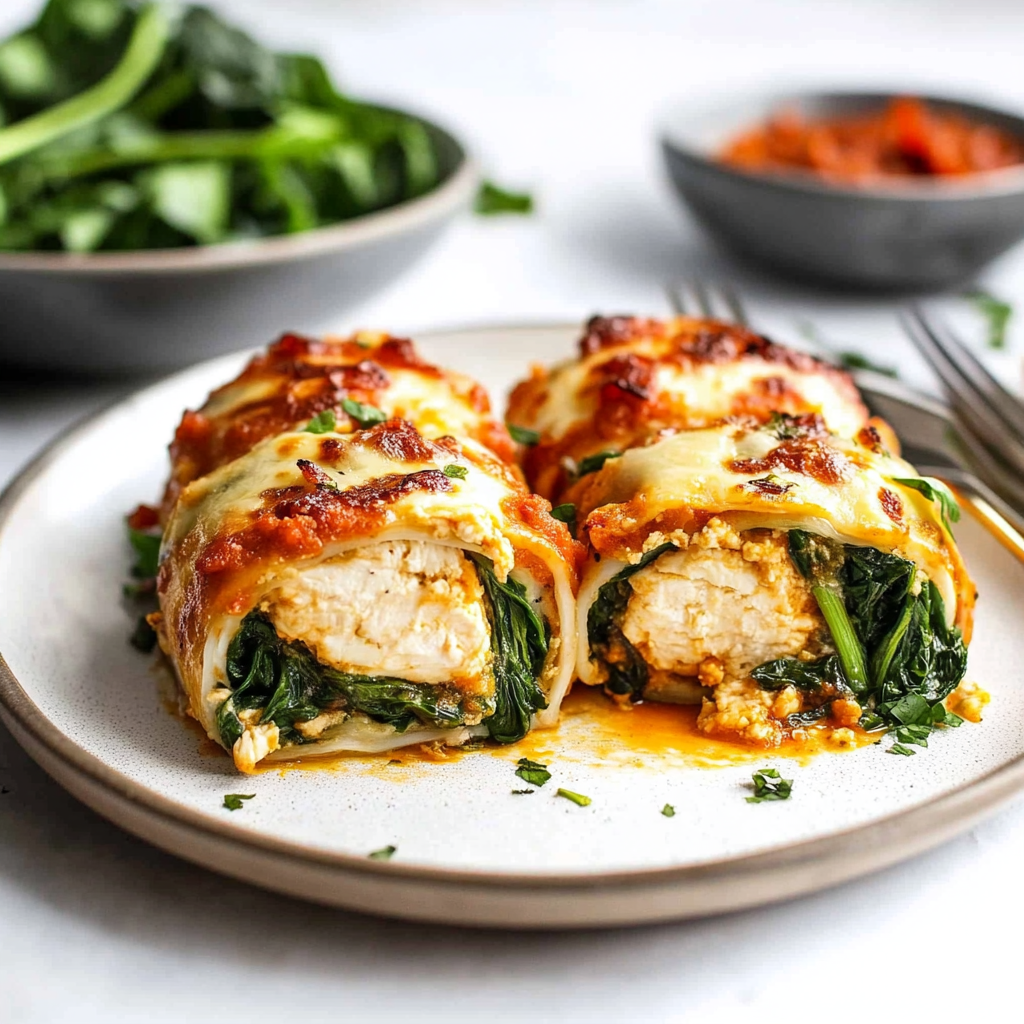 Recipe preparation for Spinach Stuffed Chicken Roll-Ups with Feta