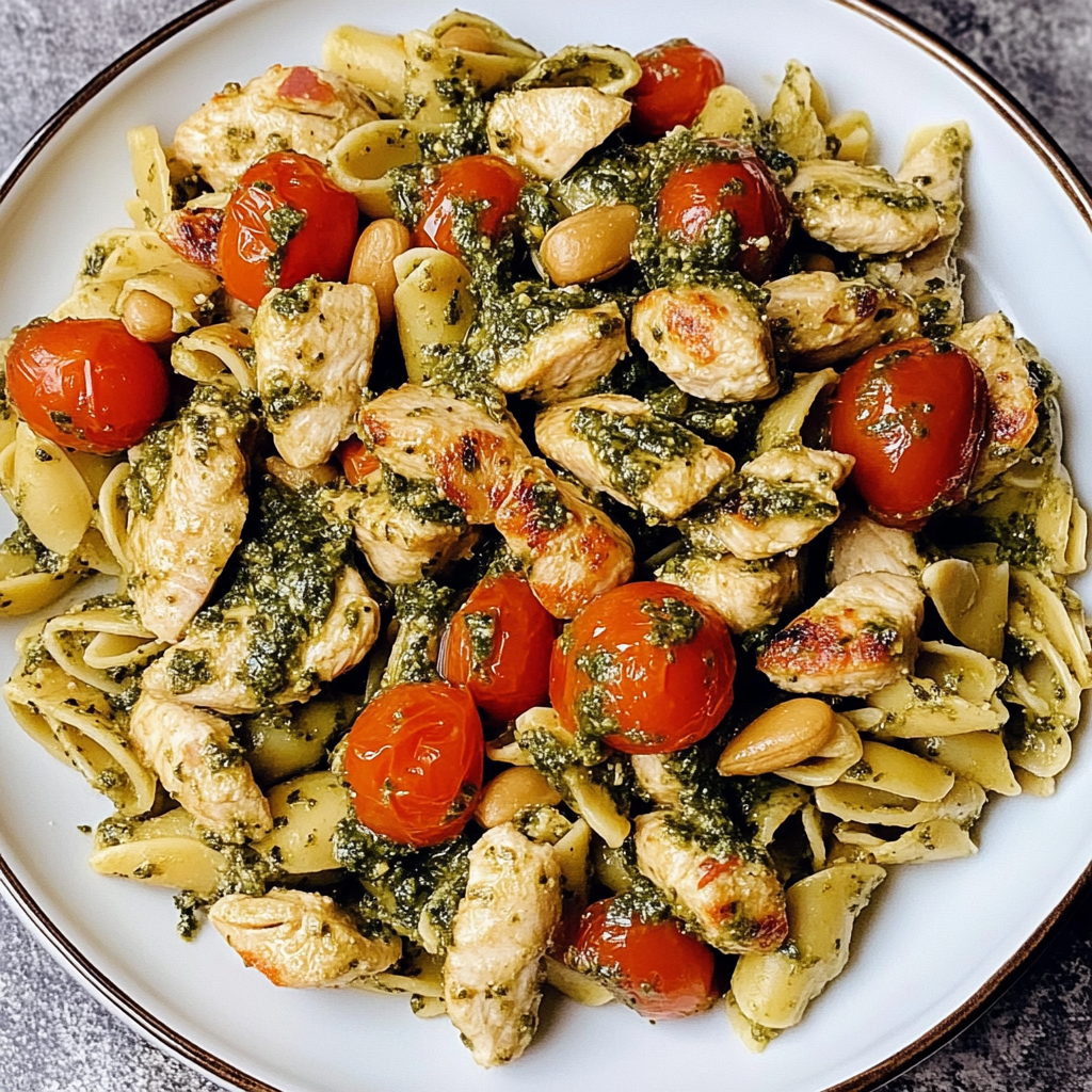 Recipe preparation for Chicken Pesto Pasta with Tomatoes and Pine Nuts