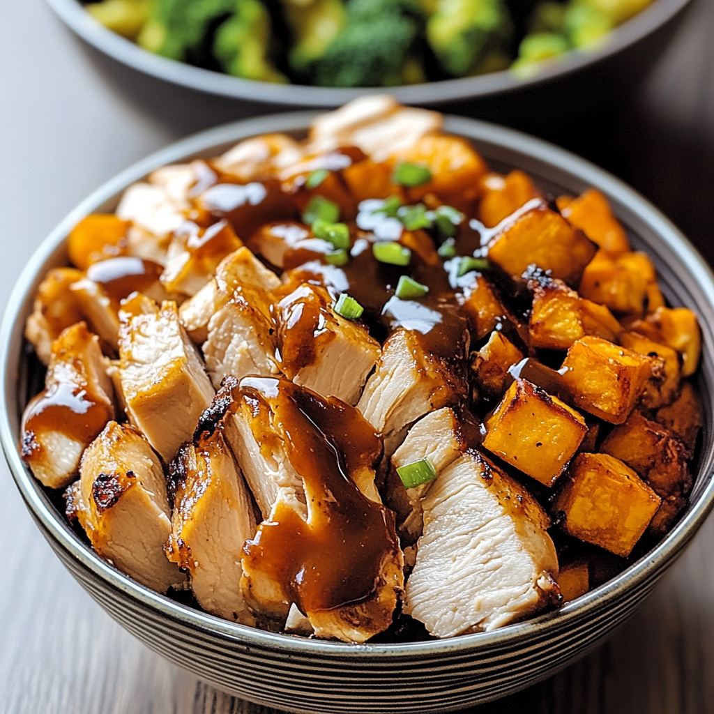 Recipe preparation for BBQ Chicken & Roasted Sweet Potato Bowls