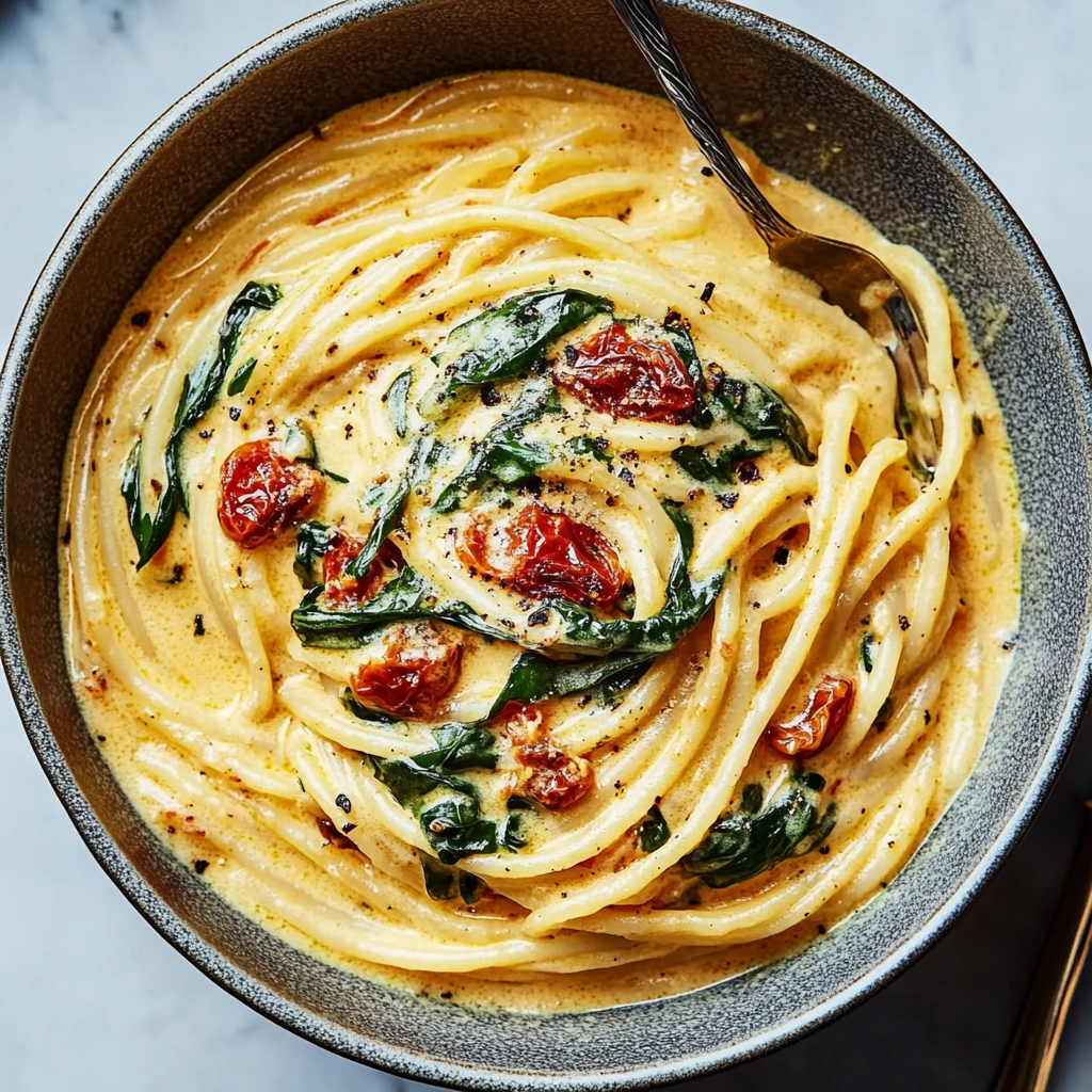 Recipe preparation for Creamy Sun-Dried Tomato Spaghetti with Spinach
