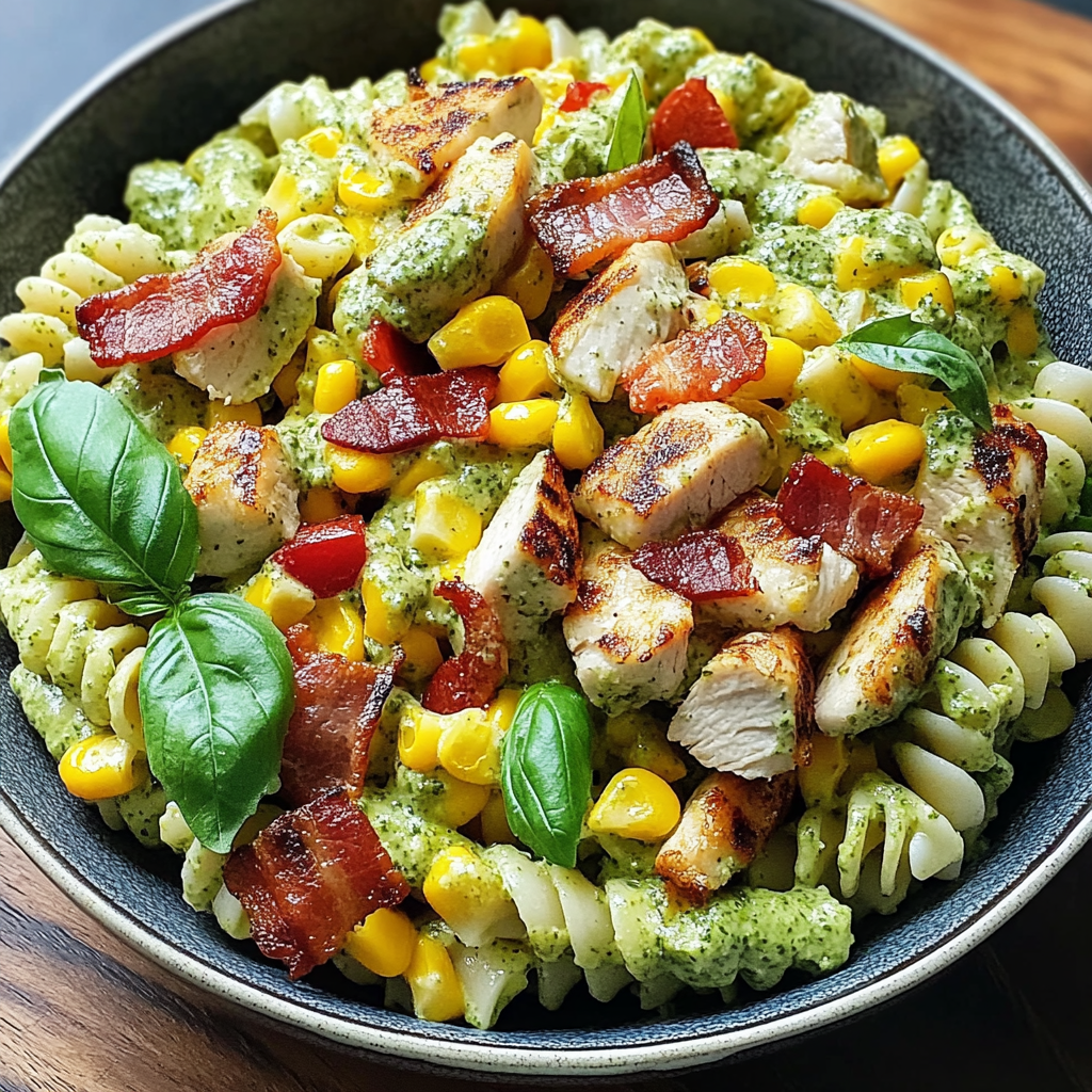 Recipe preparation for Chicken Corn Pasta Salad with Creamy Pesto and Bacon
