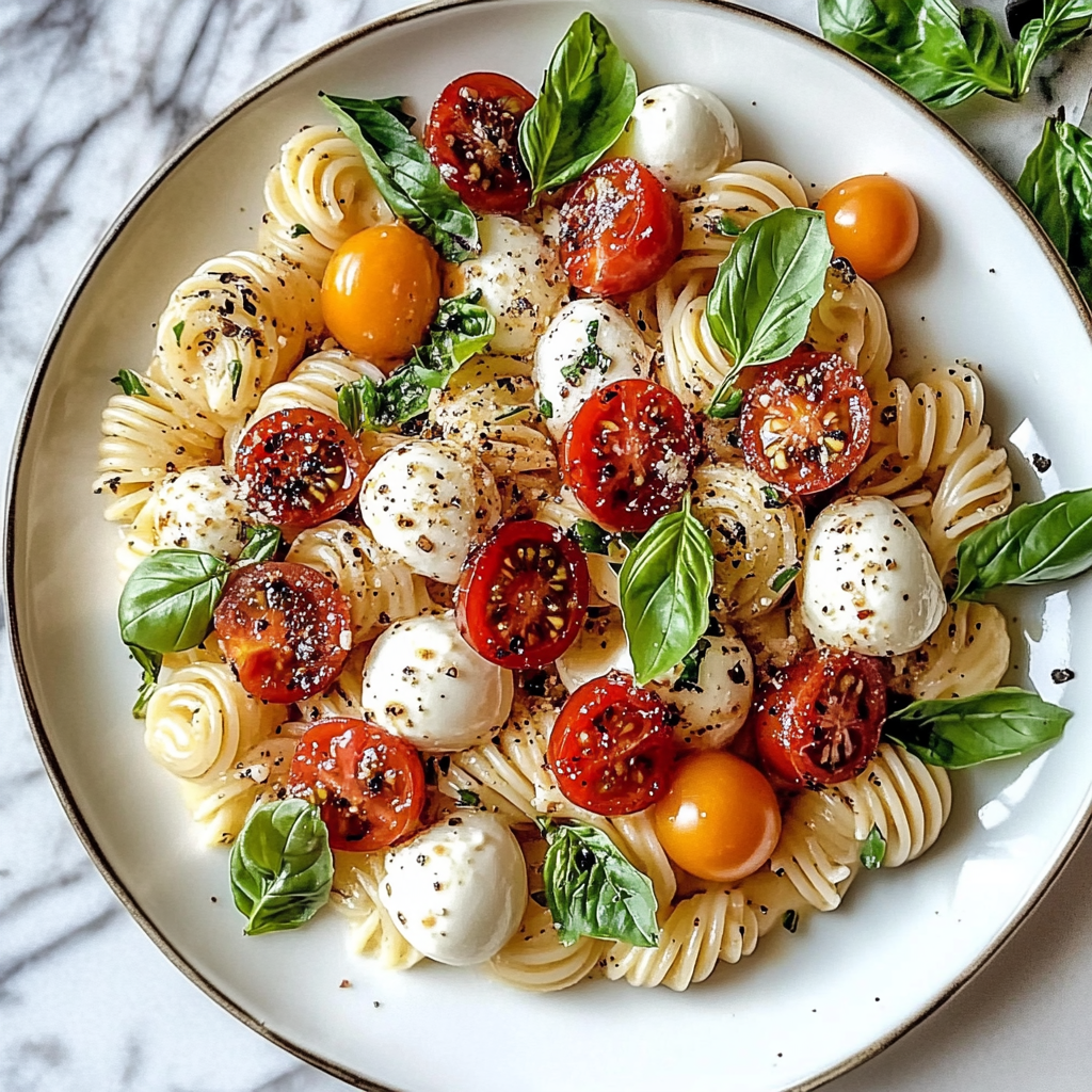 Recipe preparation for Caprese Pasta Salad with Fresh Mozzarella