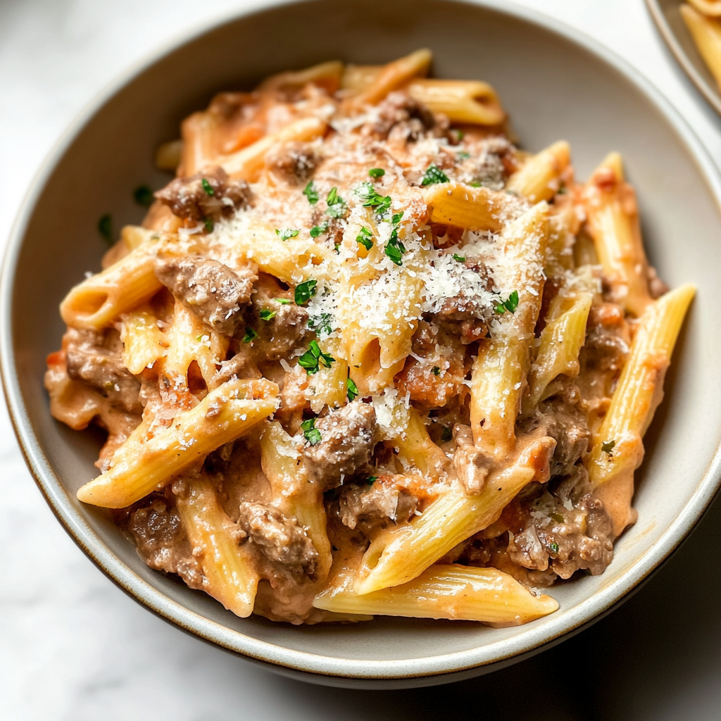 Recipe preparation for Creamy Beef Pasta