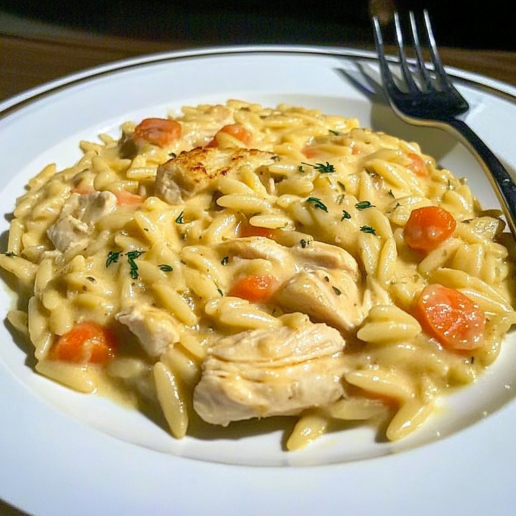 Recipe preparation for Creamy Chicken Pot Pie Orzo