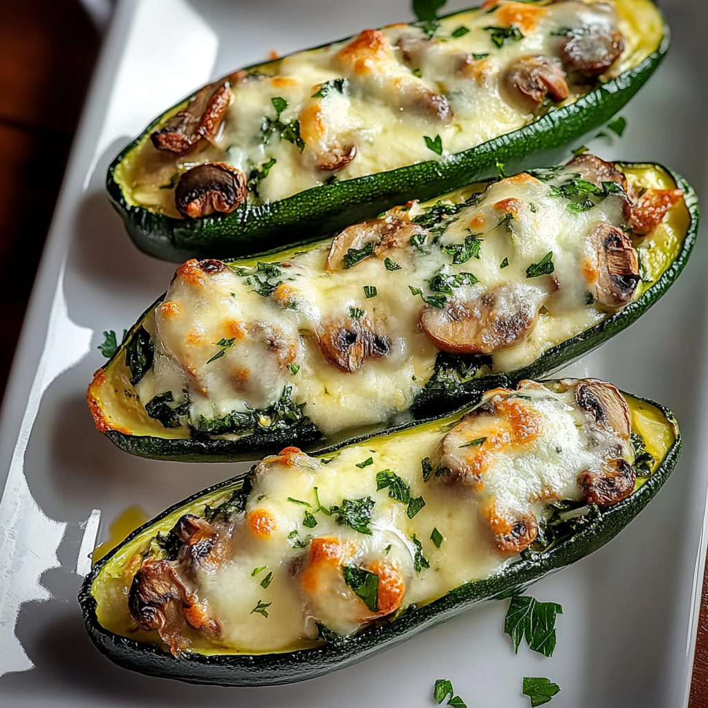 Recipe preparation for Spinach, Mushroom, and Ricotta Stuffed Zucchini Boats