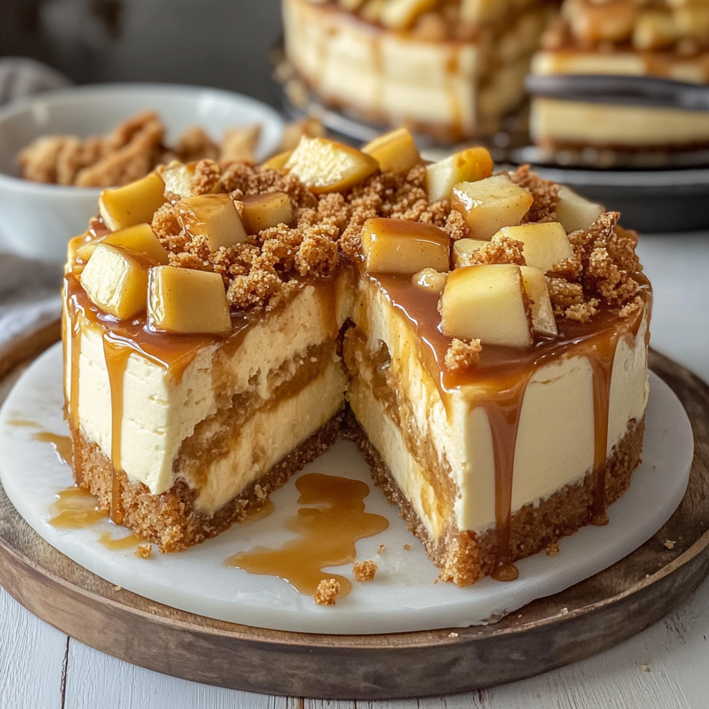 Recipe preparation for Salted Caramel Apple Pie Cheesecake