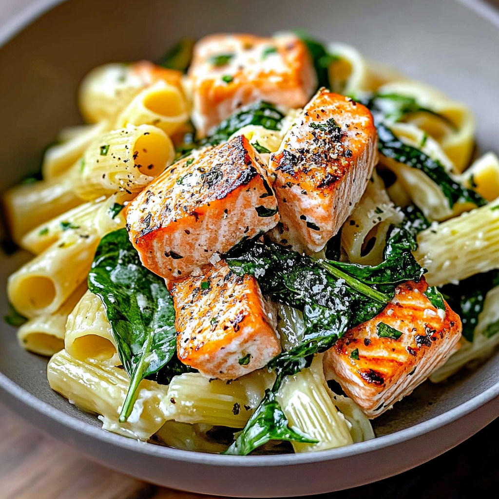 Recipe preparation for Salmon Spinach Pasta