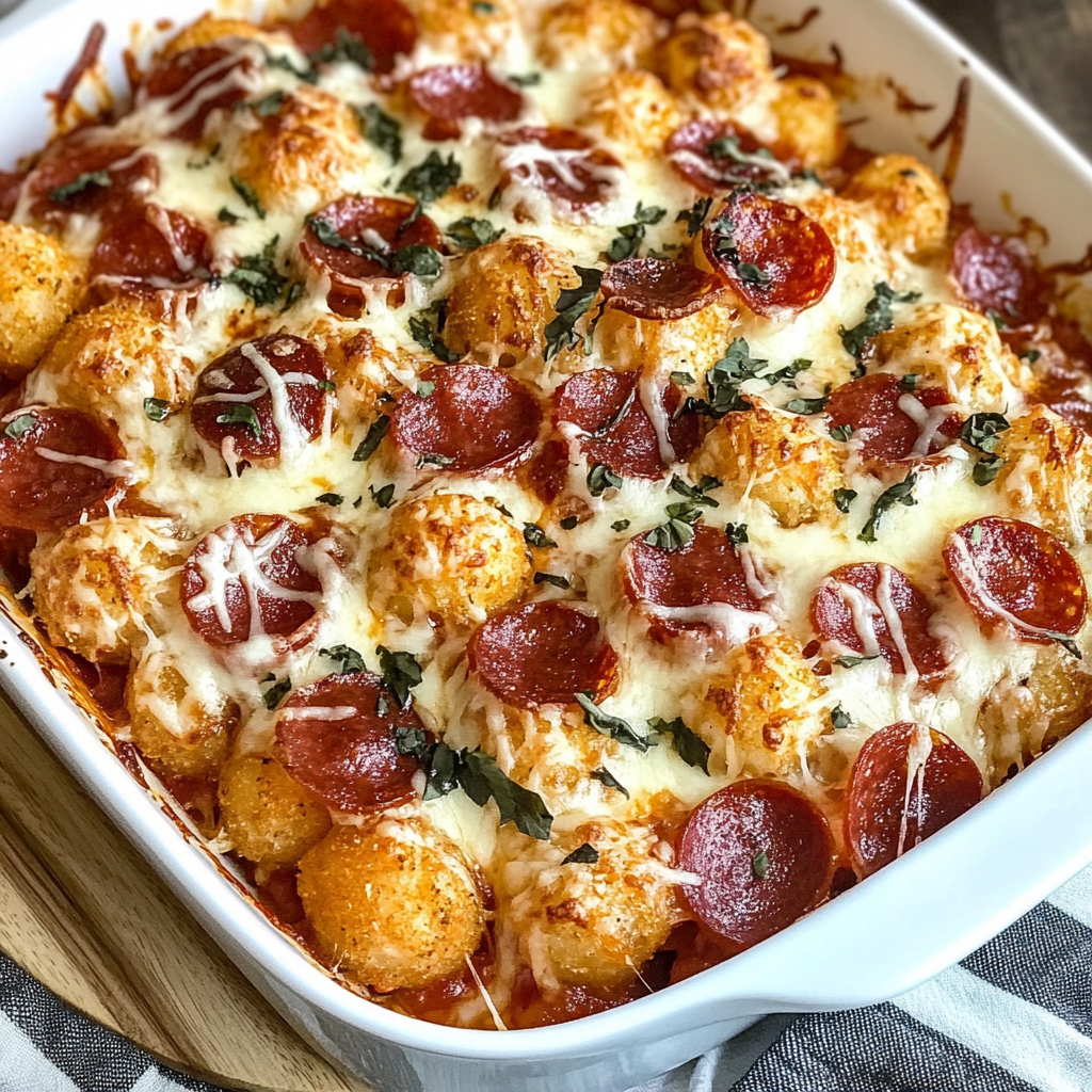 Recipe preparation for Pepperoni Pizza Tater Tot Casserole
