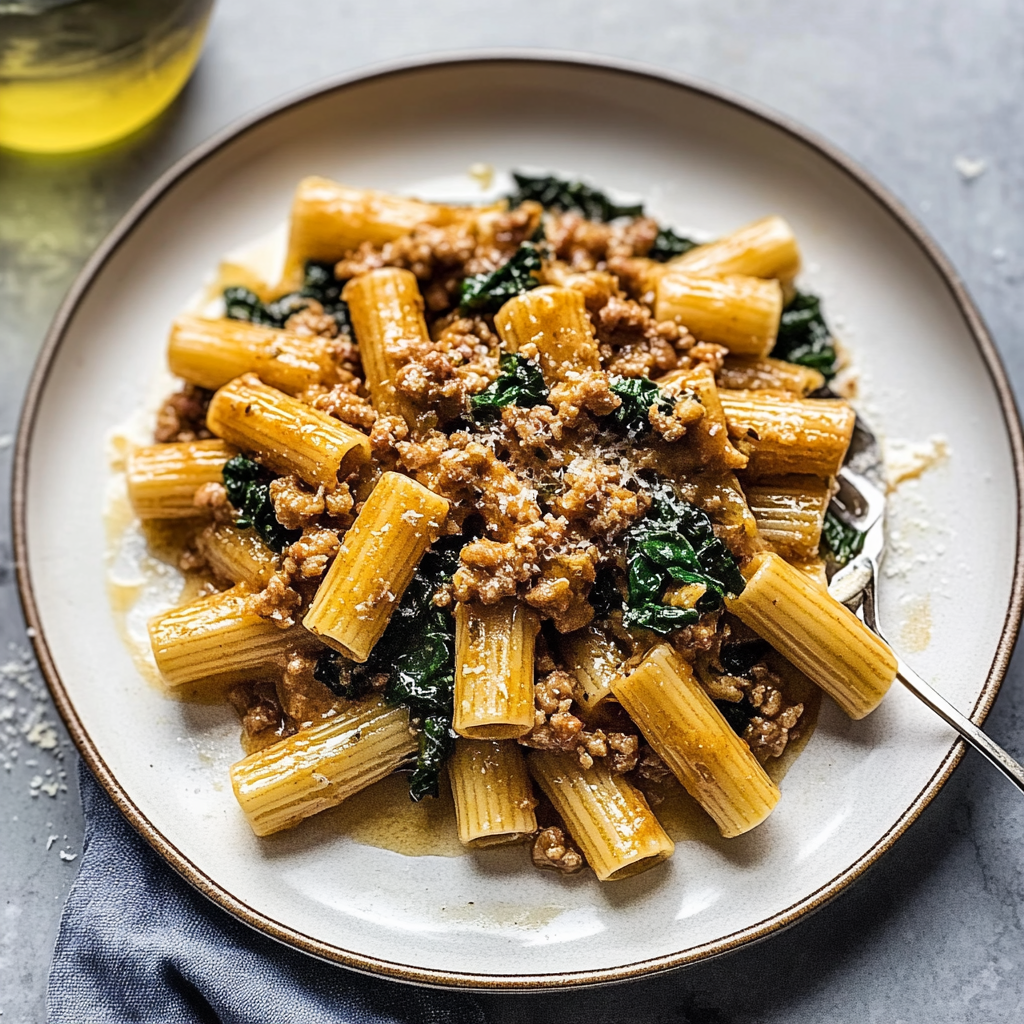 Recipe preparation for Savory Sausage and Kale Rigatoni