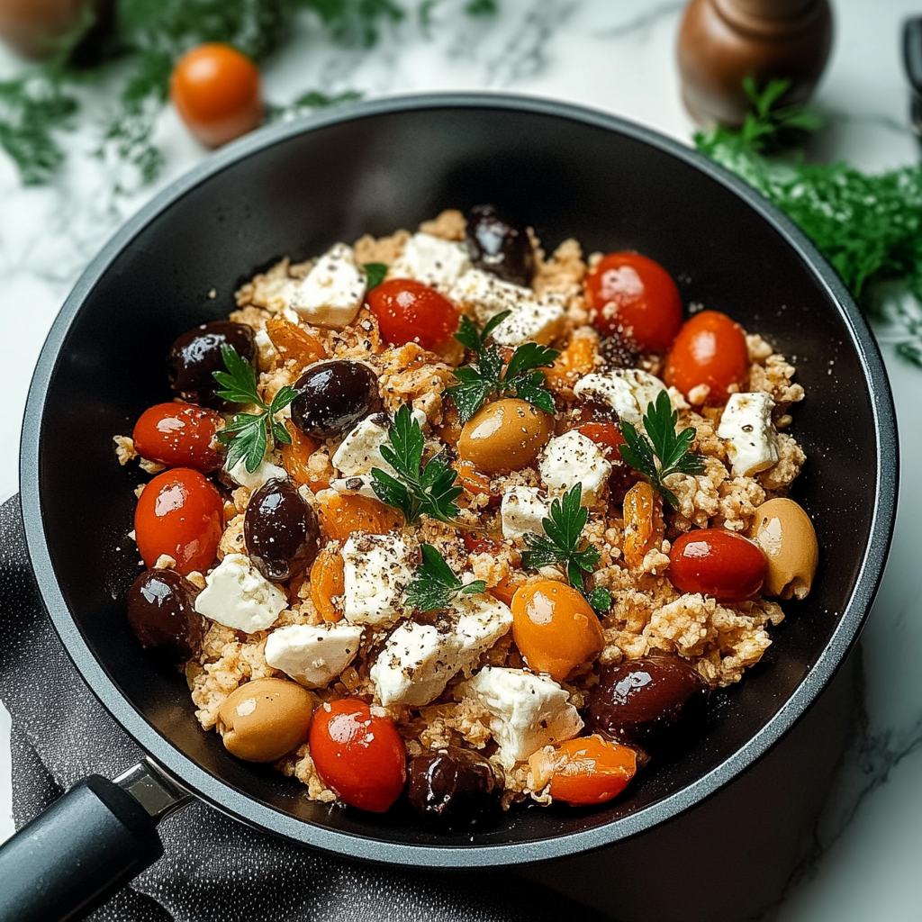 Recipe preparation for Mediterranean Keto Ground Chicken Skillet with Olives and Feta