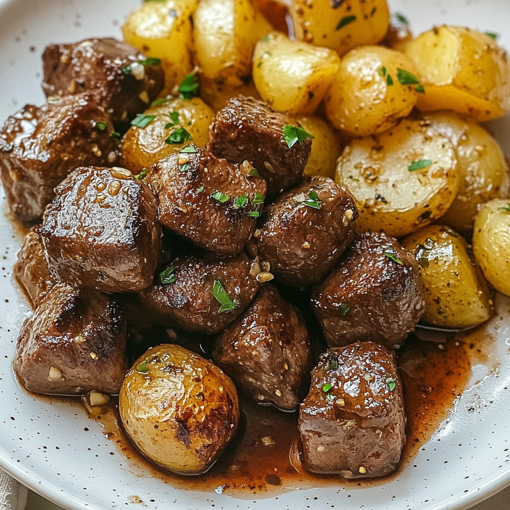Recipe preparation for Garlic Butter Steak Bites and Potatoes