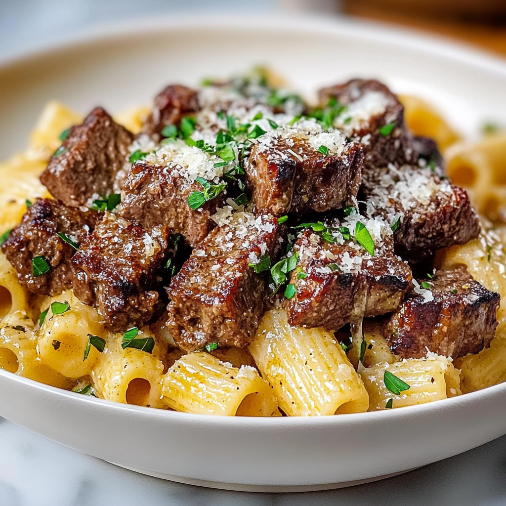 Recipe preparation for Cajun Steak Tips in Cheesy Rigatoni Parmesan Sauce