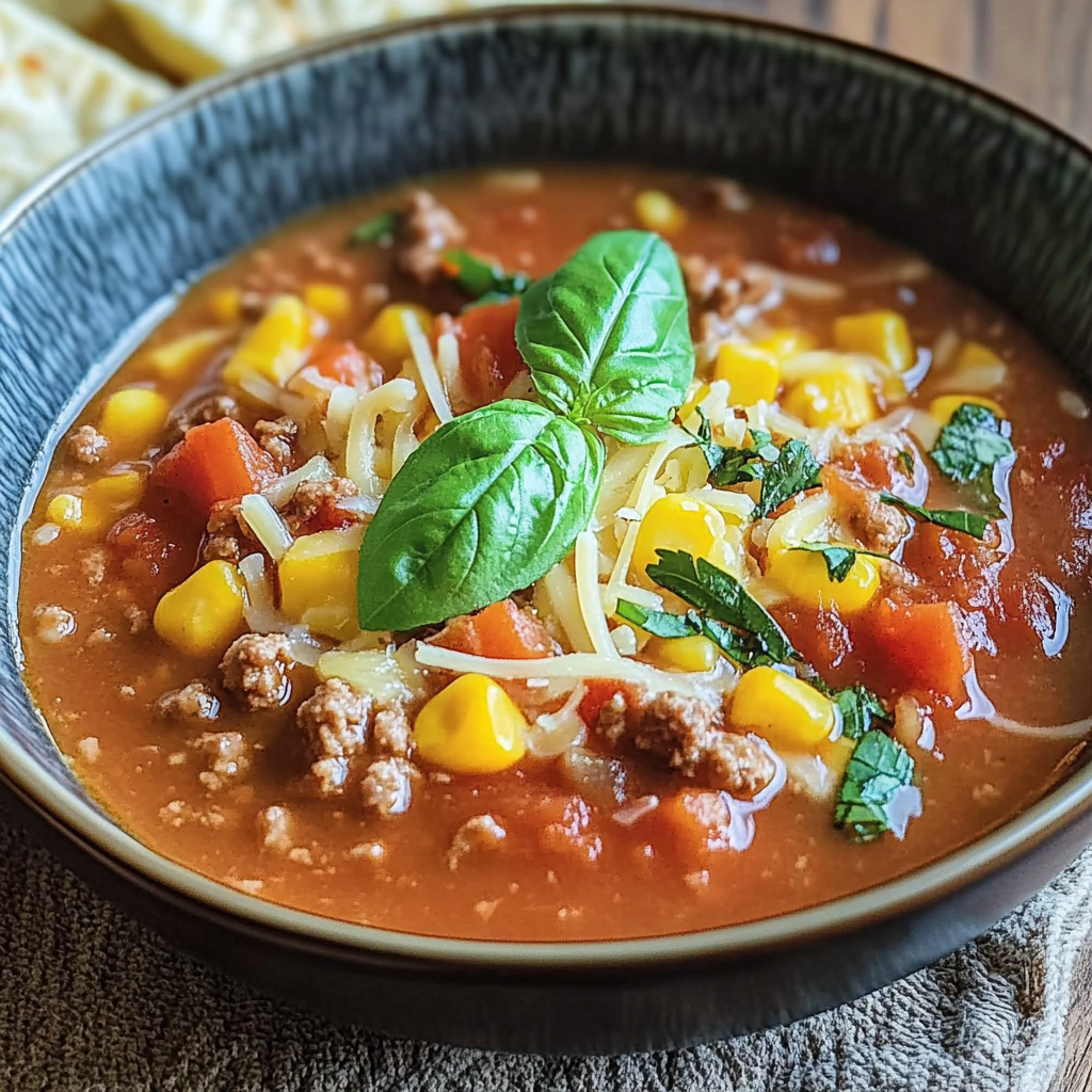 Recipe preparation for Quick Pizza Soup with Ground Beef
