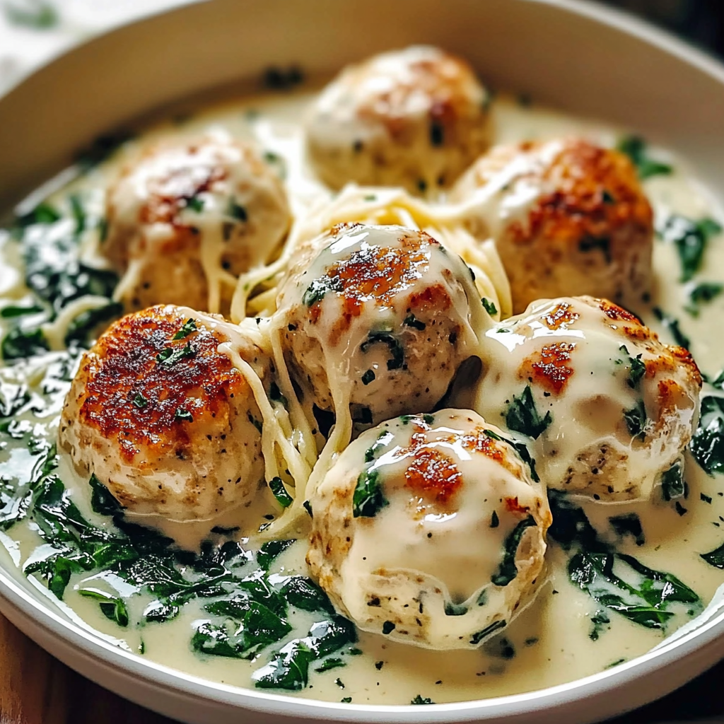 Recipe preparation for Chicken Ricotta Meatballs In Spinach Alfredo Sauce