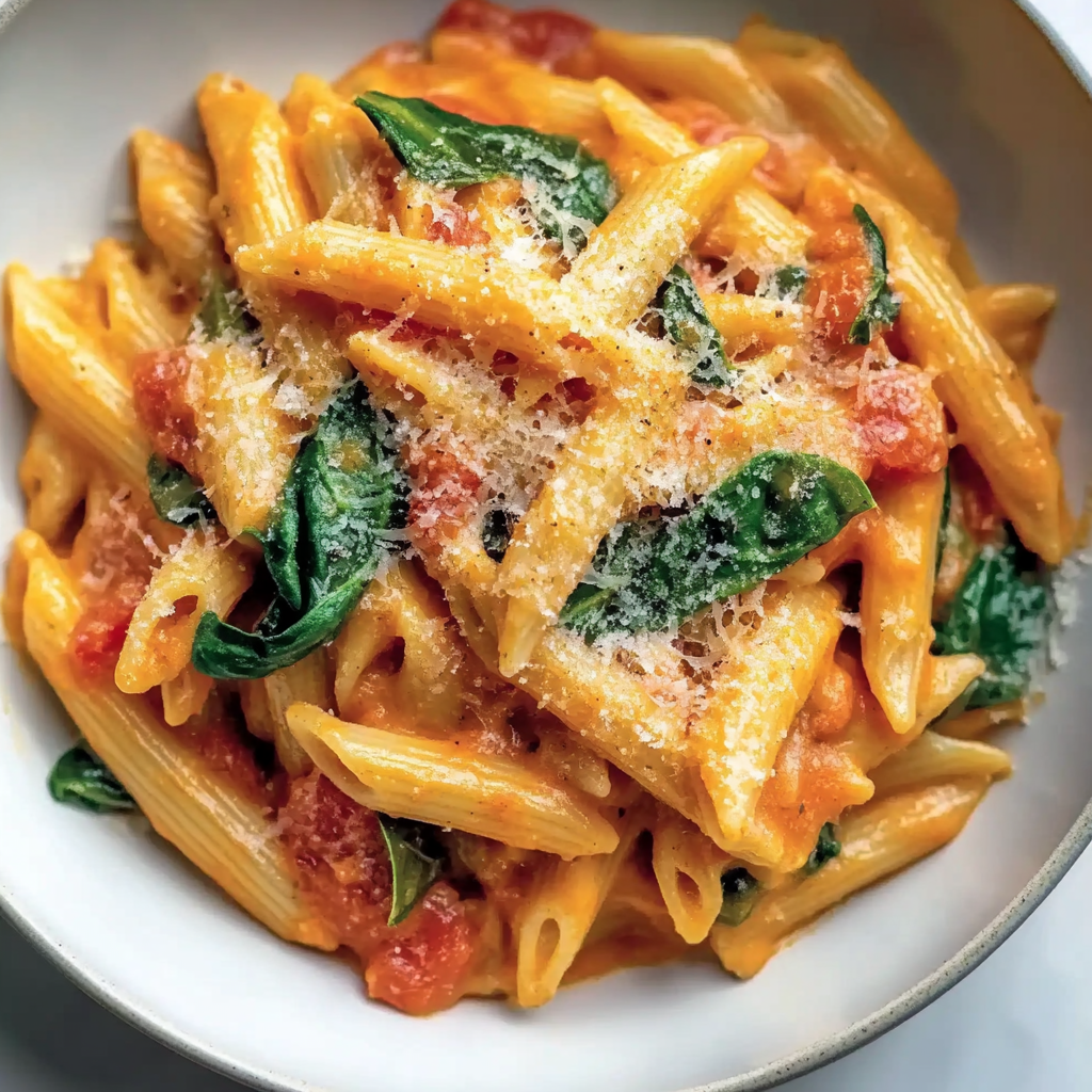 Recipe preparation for Creamy Tomato and Spinach Pasta