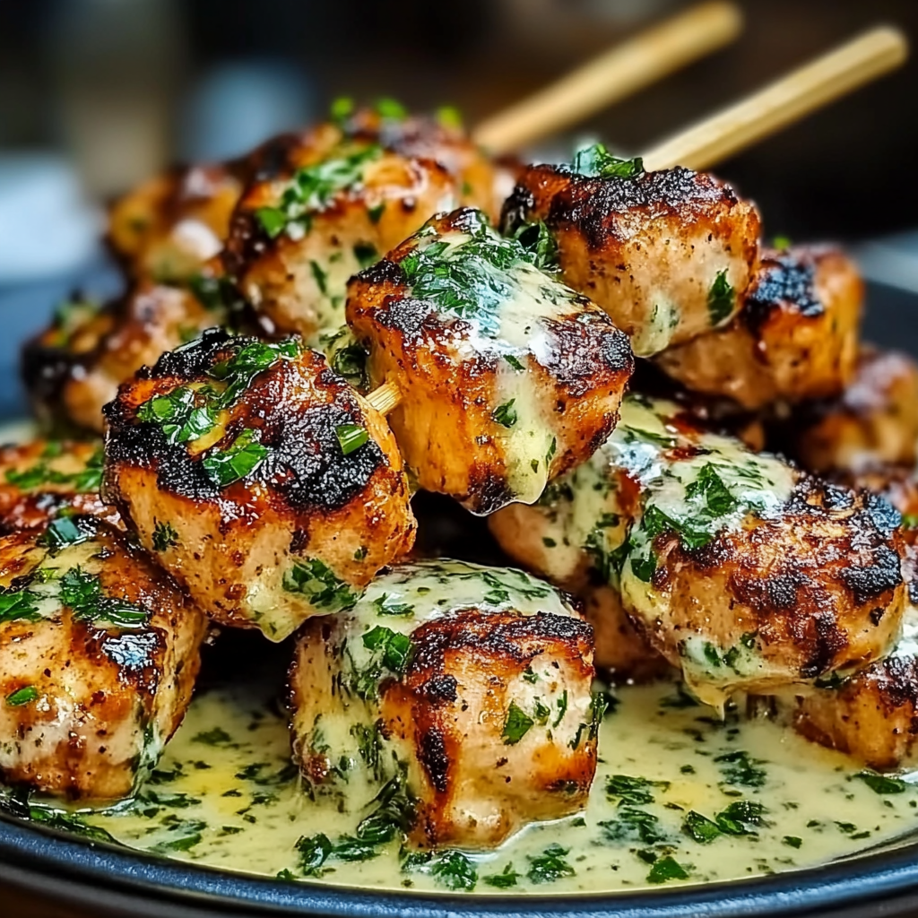 Recipe preparation for Delicious Grilled Chicken Bites with Creamy Garlic Sauce