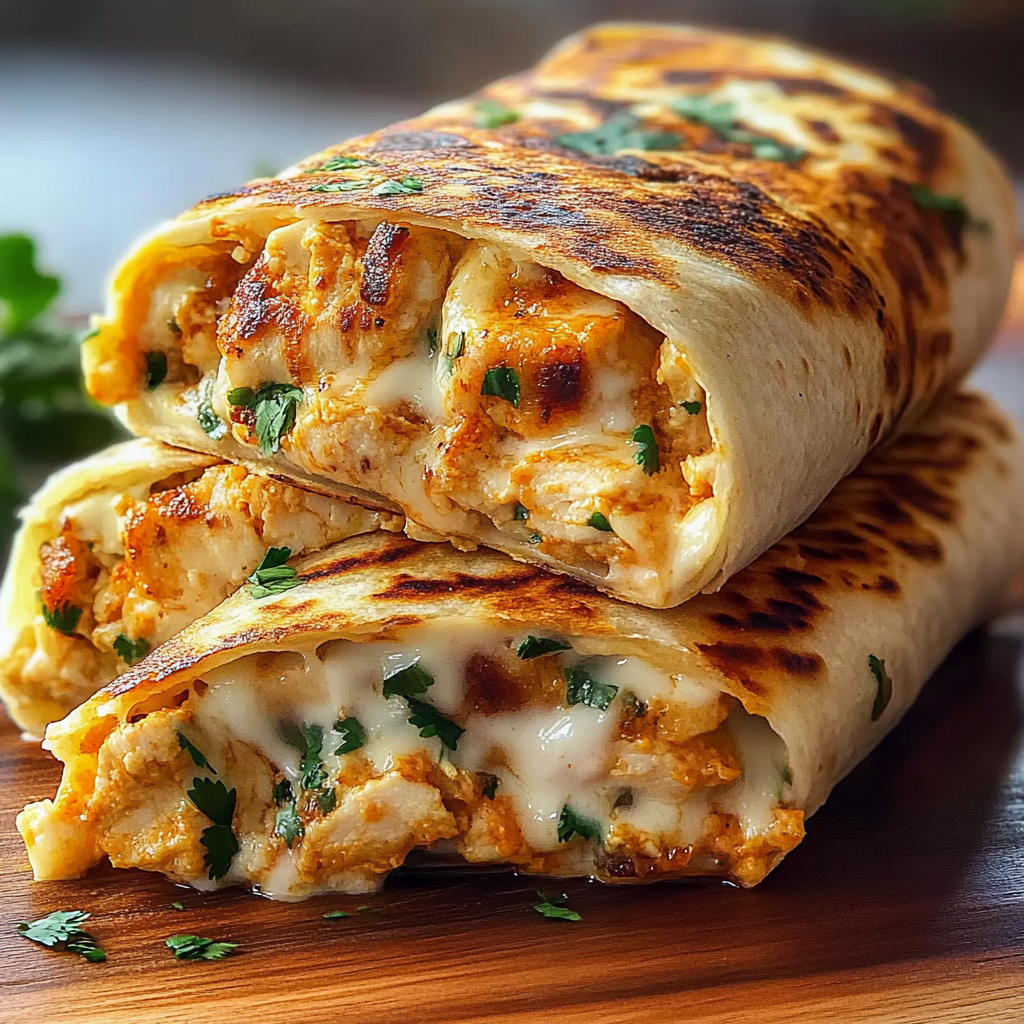 Recipe preparation for Ooey-Gooey Cheesy Garlic Chicken Wraps