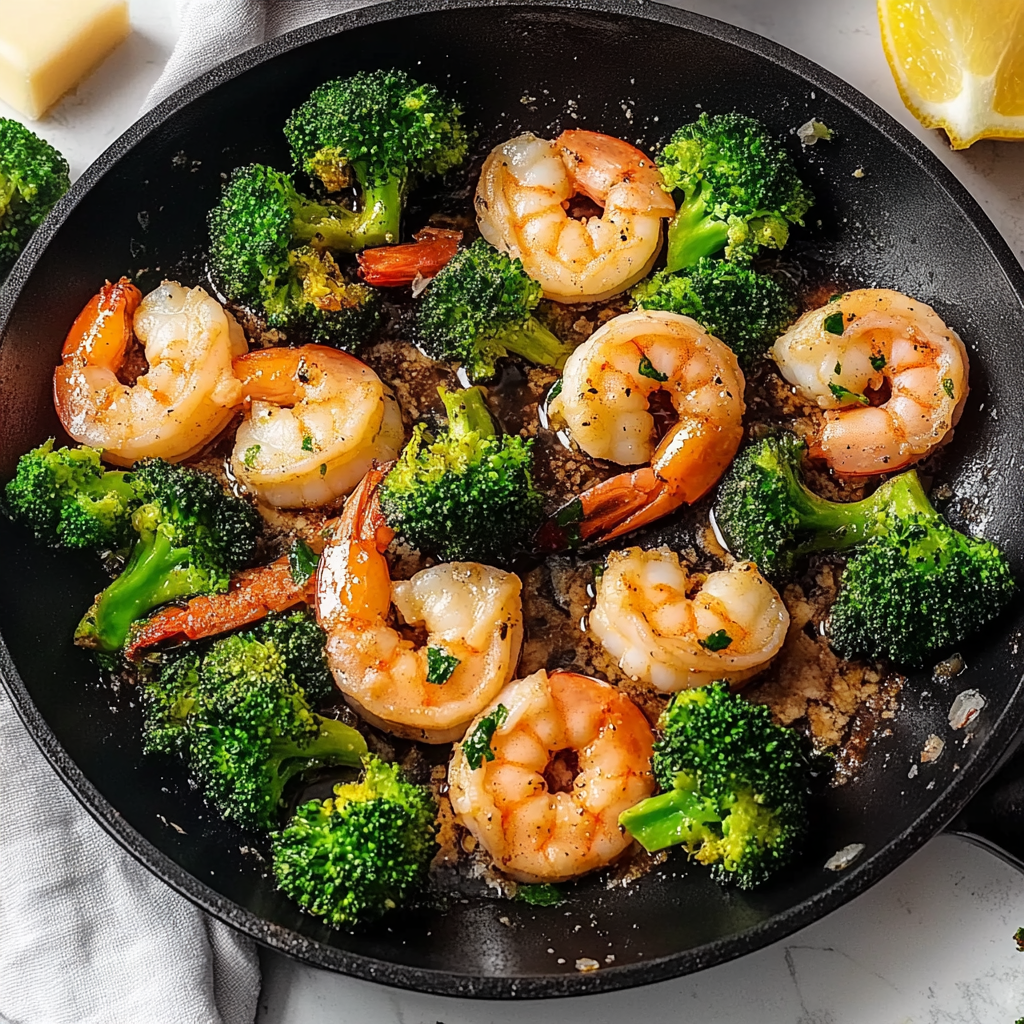 Recipe preparation for Skillet Garlic Butter Shrimp and Broccoli