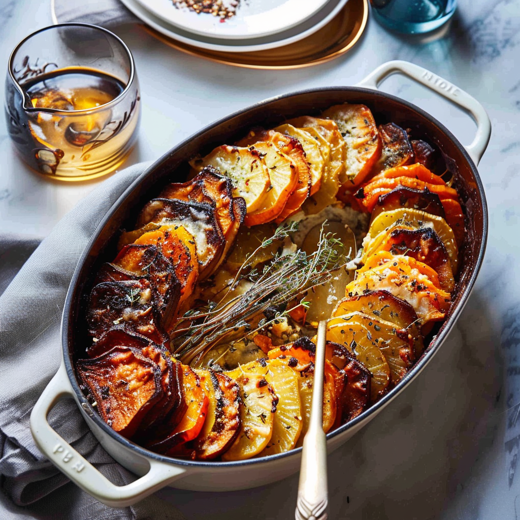 Recipe preparation for Root-Vegetable Gratin with Thyme & Gruyère