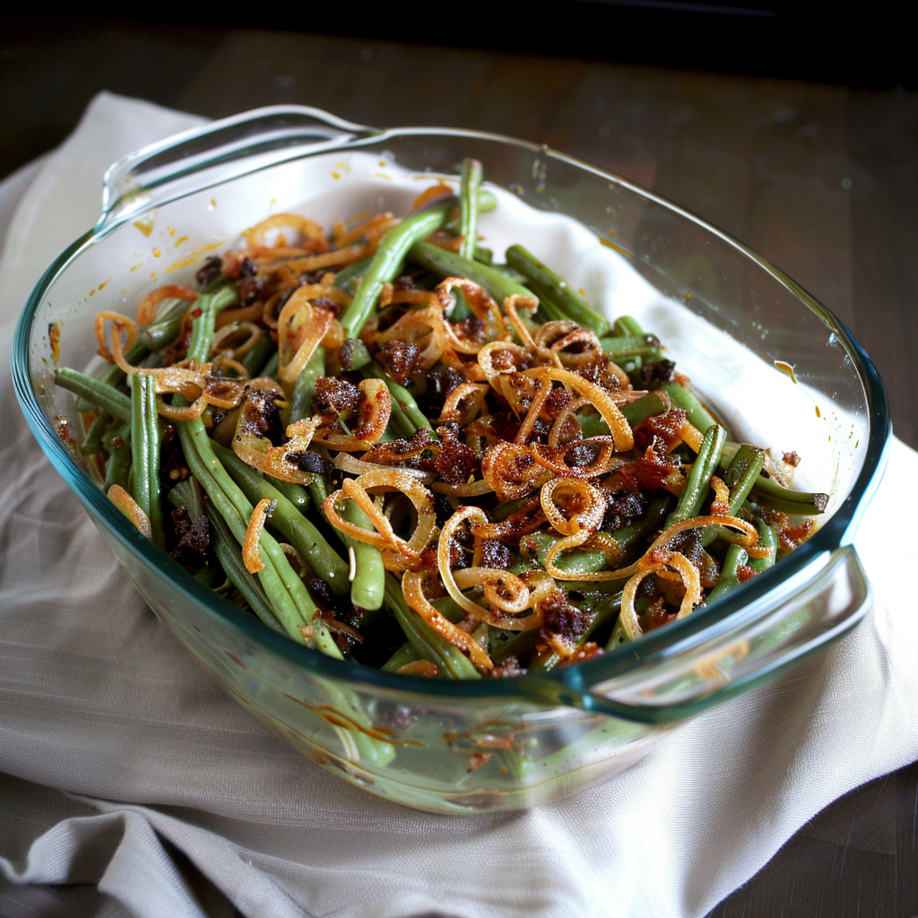 Recipe preparation for Green Bean Casserole with Crispy Shallots