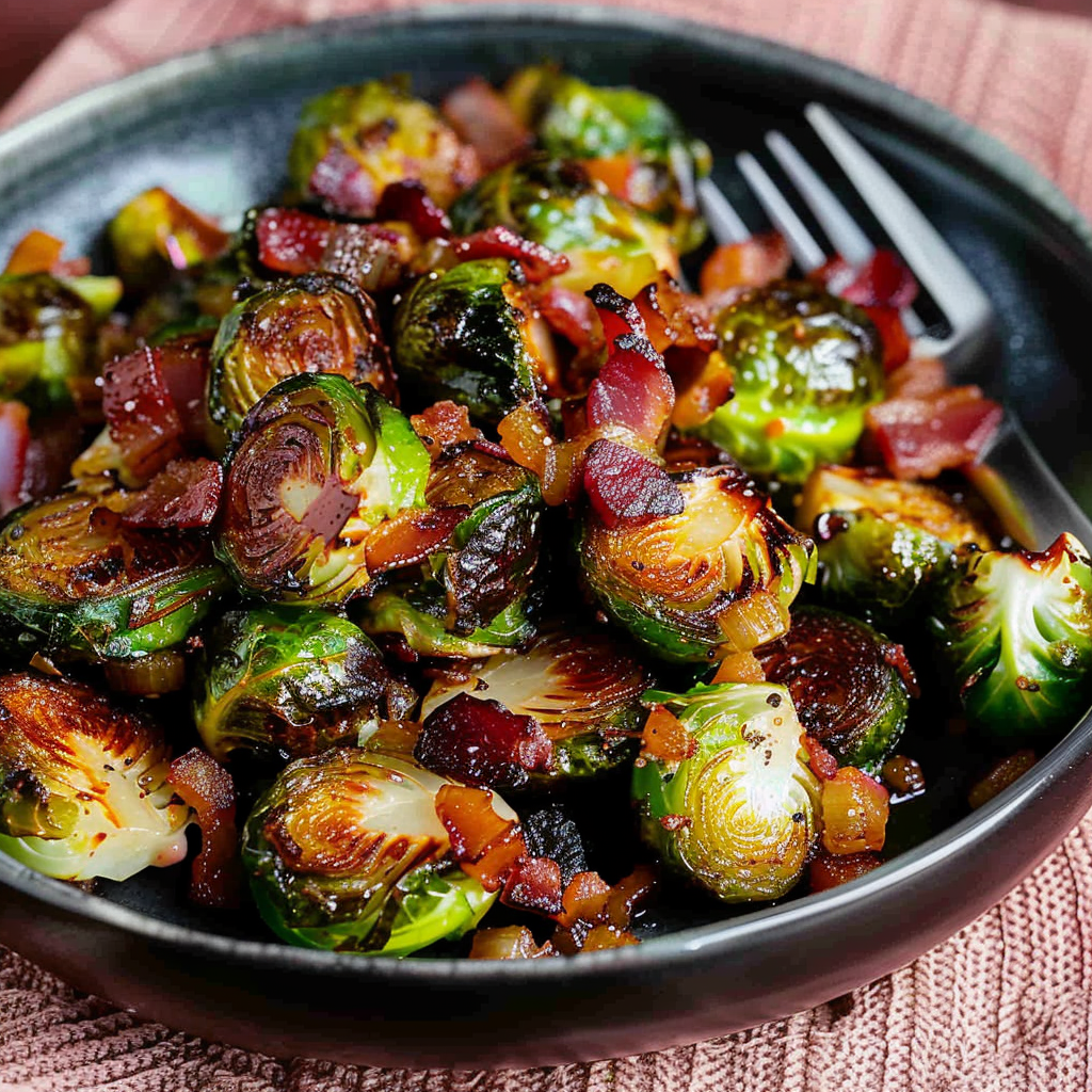 Recipe preparation for Festive Brussels Sprouts & Bacon with Maple Drizzle