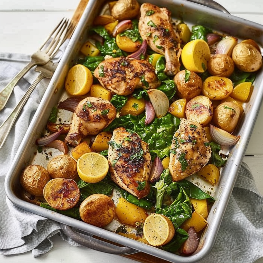 Recipe preparation for Sheet-Pan Lemon Garlic Chicken & Potatoes