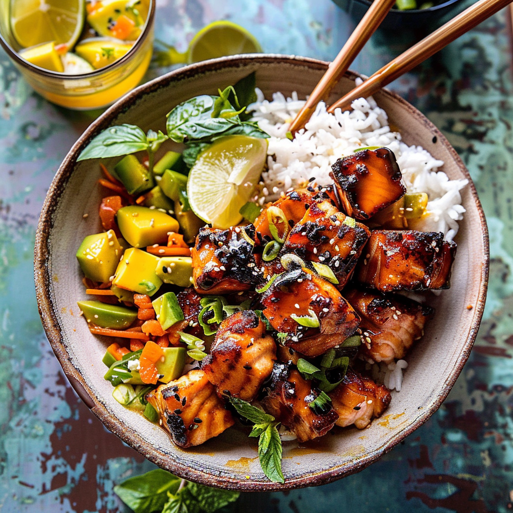 Recipe preparation for Hot Honey Crispy Salmon Bowl