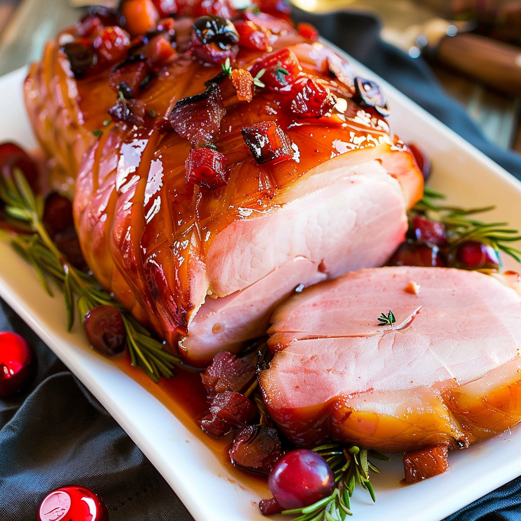 Recipe preparation for Maple-Bourbon Glazed Holiday Ham with Cranberry Relish