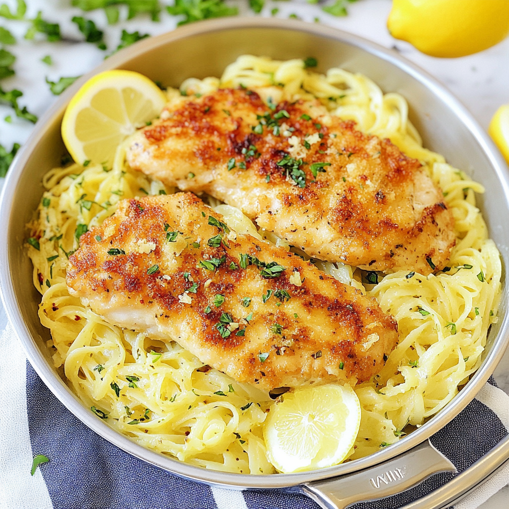 Recipe preparation for Romano Chicken with Lemon Garlic Pasta