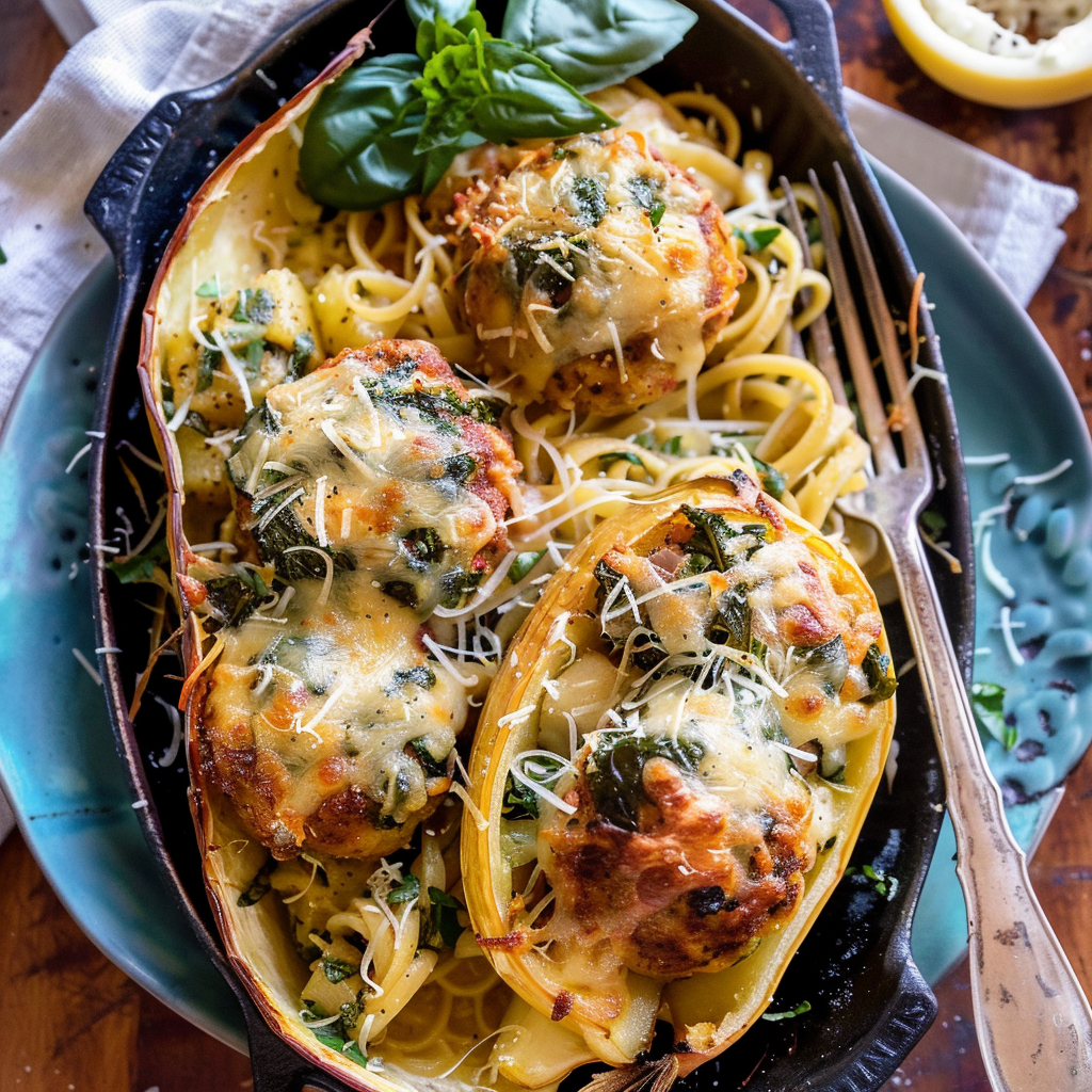 Recipe preparation for Garlic Butter Chicken Meatballs with Spaghetti Squash (or pasta)