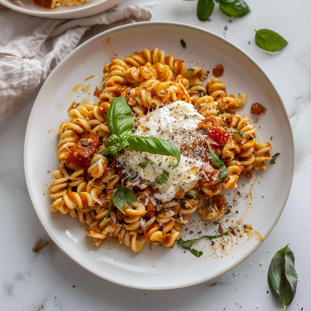 Recipe preparation for Burst Tomato Burrata Pasta