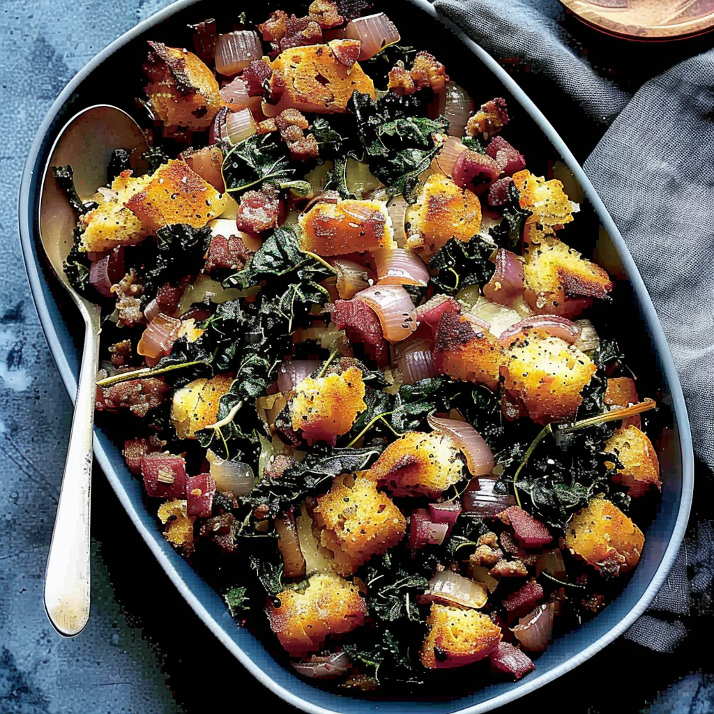 Recipe preparation for Sourdough stuffing with sausage & kale