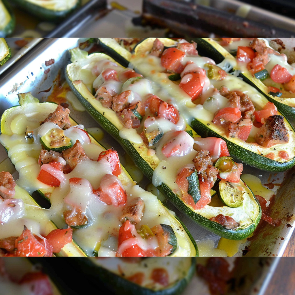 Recipe preparation for Bruschetta-Stuffed Zucchini Boats