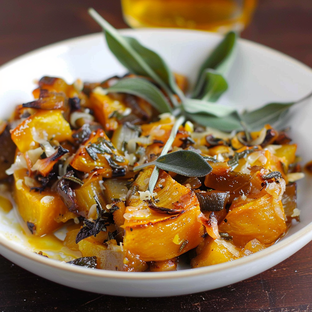 Recipe preparation for Fall Squash with Sage and Gruyère