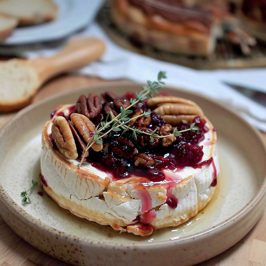 Recipe preparation for Cranberry Baked Brie Wheel with Thyme & Pecans