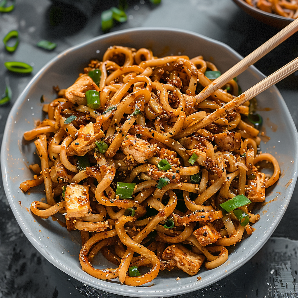Recipe preparation for Cozy Dinner Spicy Garlic Noodles with Tofu