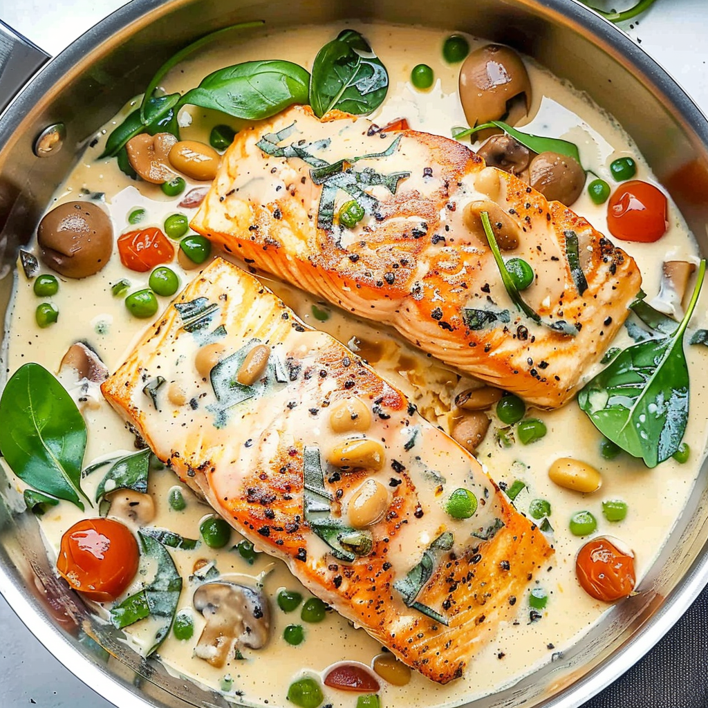 Recipe preparation for Creamy Tuscan Salmon