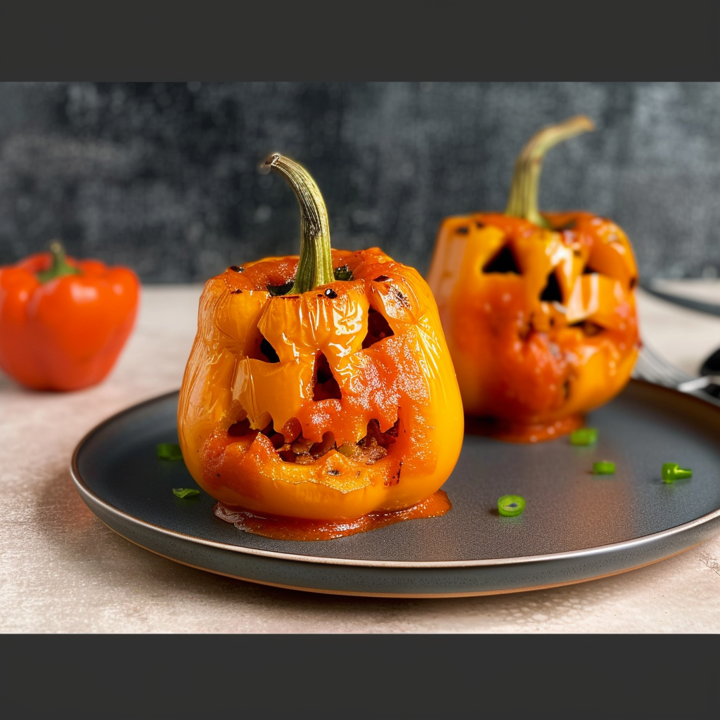 Recipe preparation for Jack-o’-Lantern Stuffed Peppers