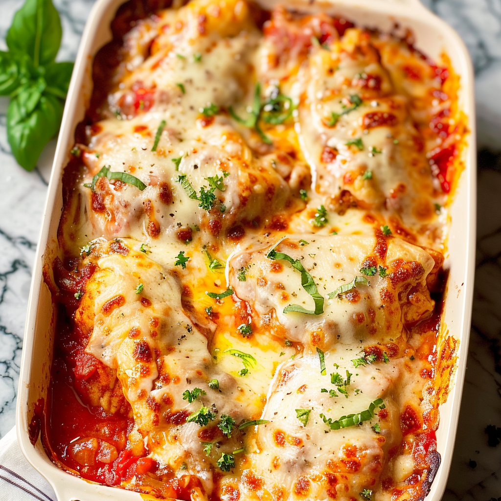 Recipe preparation for Cheesy Mozzarella Chicken Bake