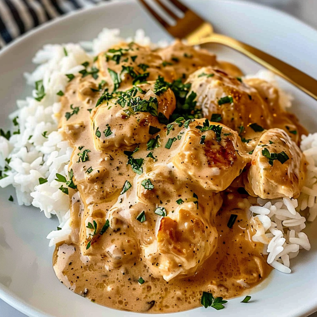 Recipe preparation for Creamy Smothered Chicken and Rice