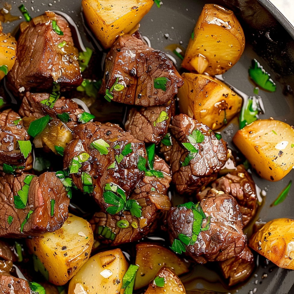Recipe preparation for Garlic Butter Beef Bites & Potatoes