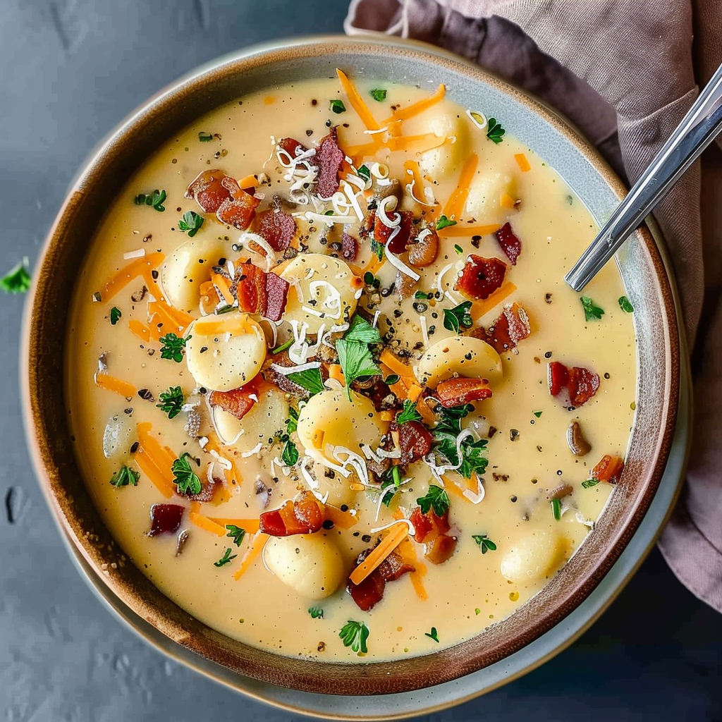 Recipe preparation for Bacon Cheddar Gnocchi Soup