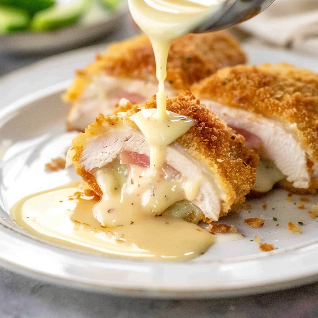 Recipe preparation for Chicken Cordon Bleu with Swiss Cheese Sauce