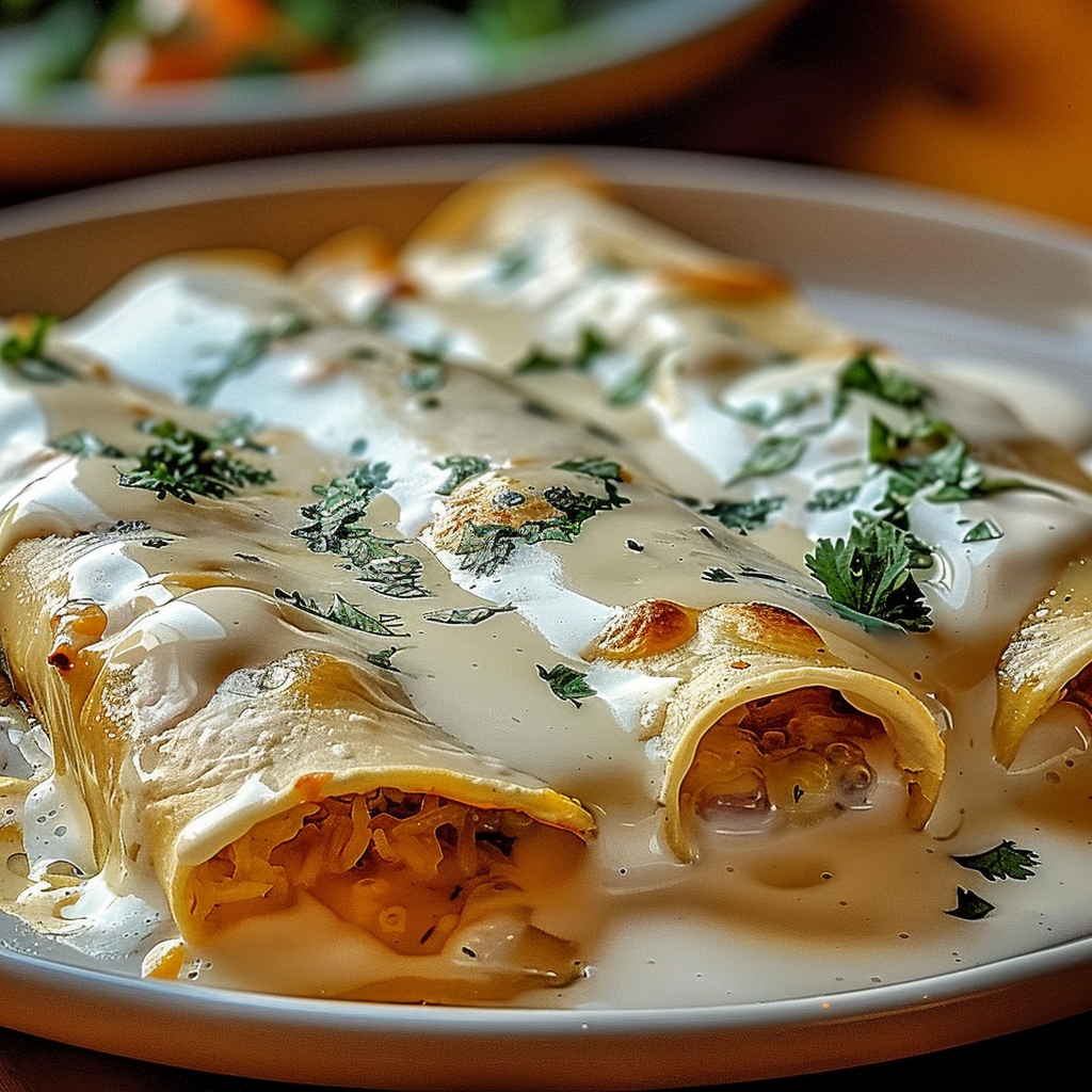 Recipe preparation for Chicken Enchiladas with Sour Cream White Sauce