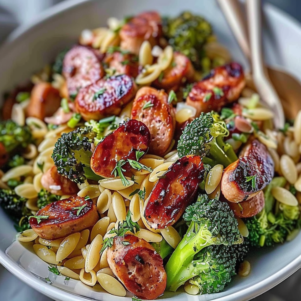 Recipe preparation for Chicken Sausage Broccoli Orzo