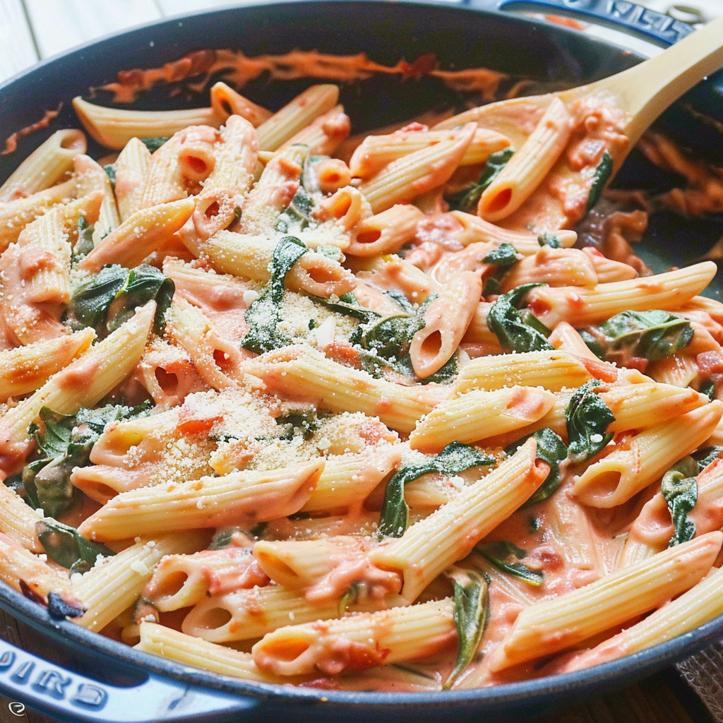 Recipe preparation for 20-Minute Creamy Tomato Basil Penne with Spinach